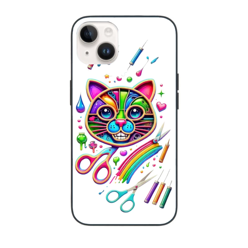 Rainbow Pop Art Cat with Creative Art Supplies iPhone Case