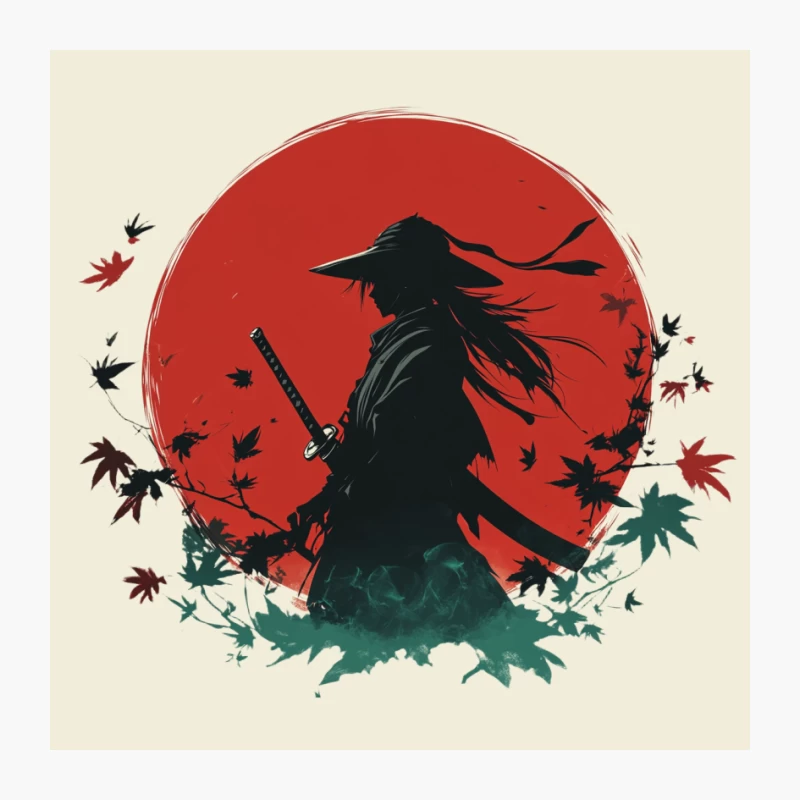 Silhouetted Samurai Warrior Against Red Sun with Falling Maple Leaves Pin