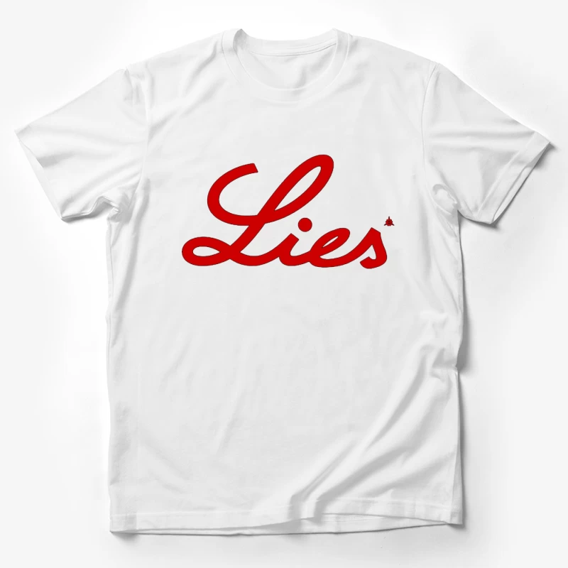 Red Cursive "Lies" Typography Logo Male T-Shirt