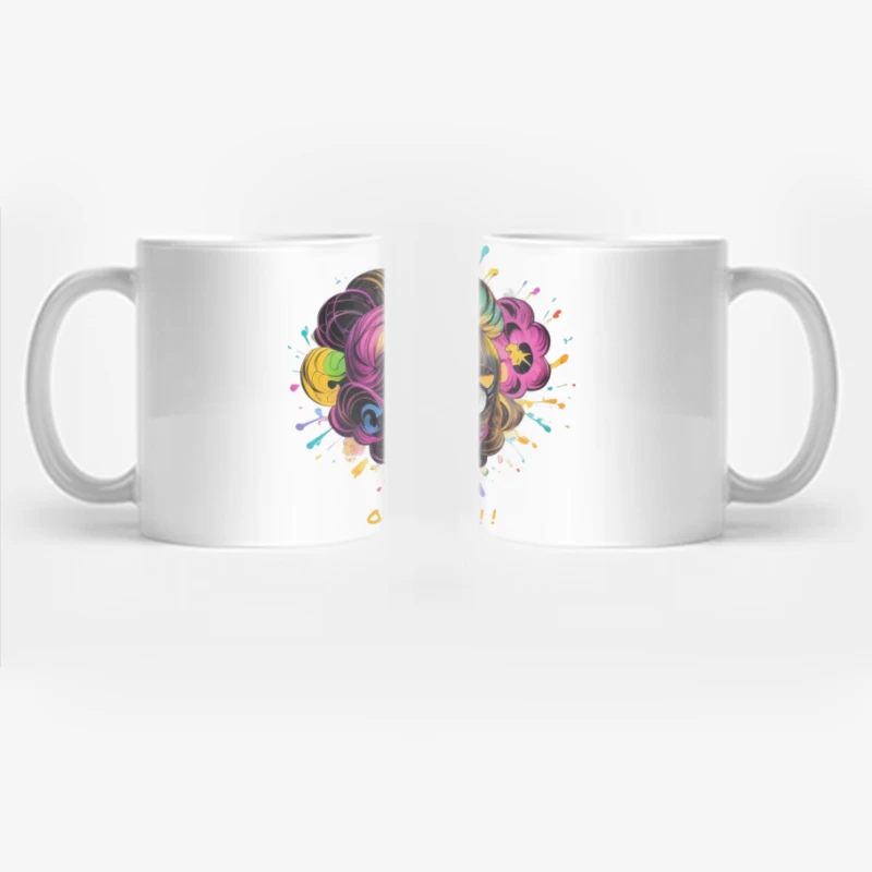 Whimsical Cartoon Character with Rainbow Hair and Paint Splashes Coffee Mug