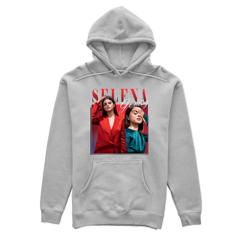 Stylish Fashion Editorial with Bold Red and Teal Contrast Female Pullover Hoodie