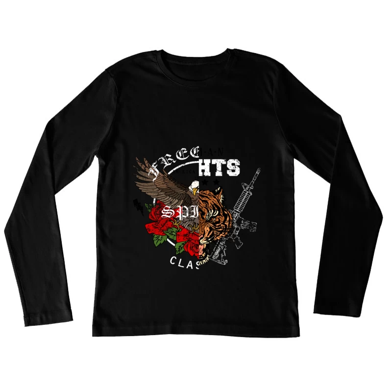 Aigle et tigre avec fusil et fleurs Femme Manches Longues T-Shirt
