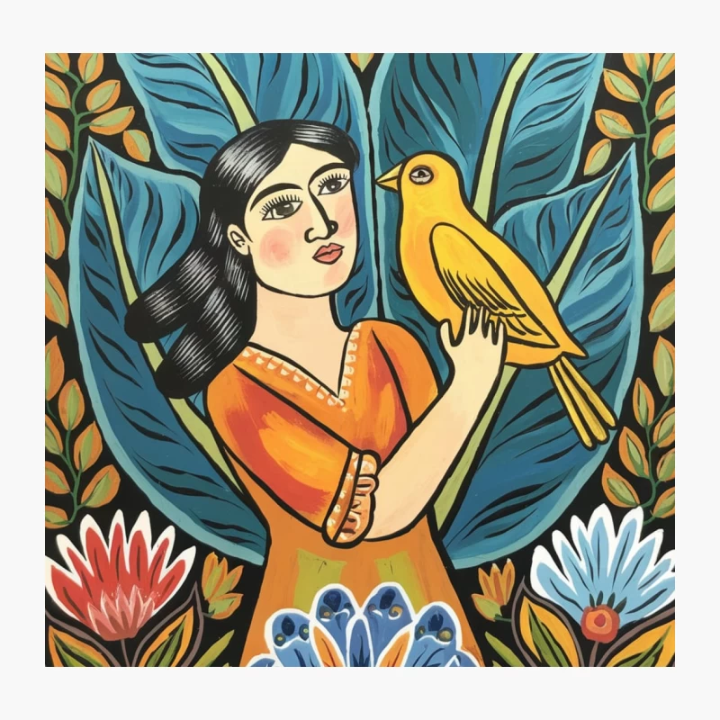 Vibrant Folk Art: Woman with Bird in Floral Setting Throw Pillow
