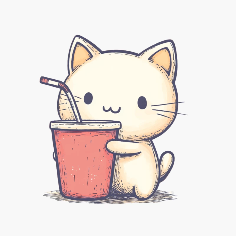 Adorable Cartoon Kitten Sipping a Drink Cotton Tote Bag