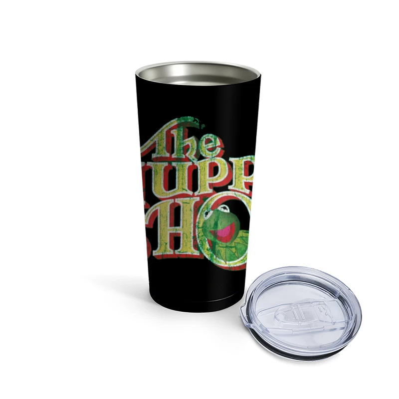 Vintage Logo Design of The Muppet Show with Green Frog Character Travel Mug