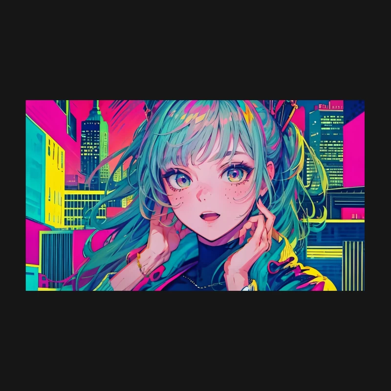 Vibrant Cyberpunk Anime Girl in Neon-Lit Futuristic Cityscape Desk Mat