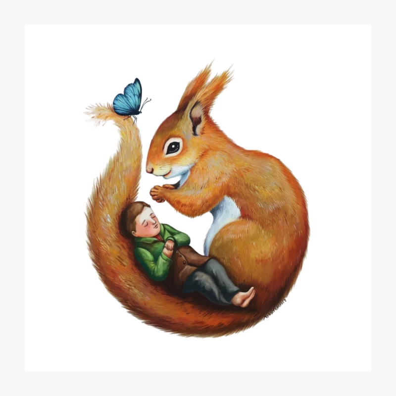 Whimsical Squirrel's Gentle Embrace: A Fantasy Nature Illustration Pin
