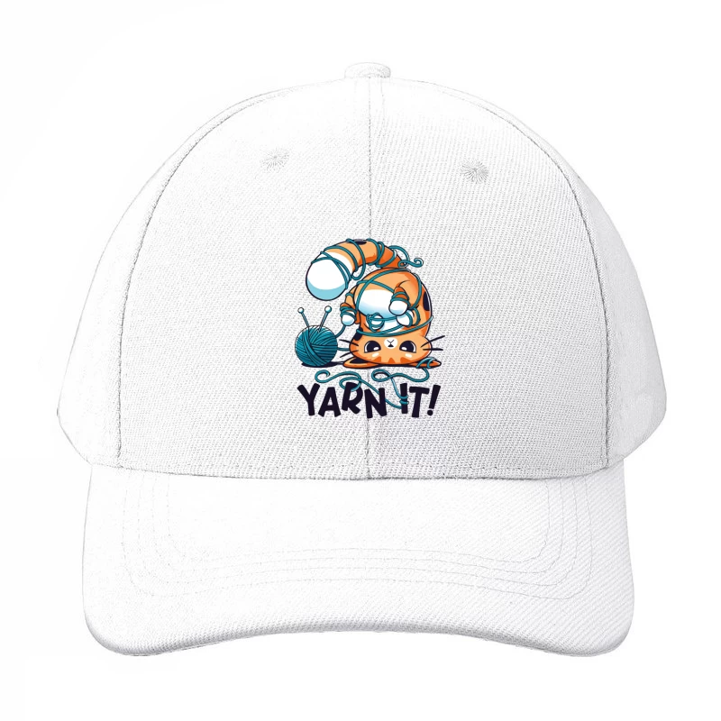 Yarn It! Whimsical Cat Illustration Baseball Cap