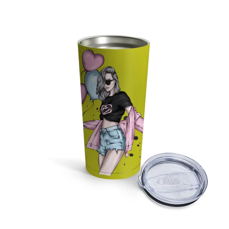 Stylish Girl with Balloons in Summer Fashion Travel Mug