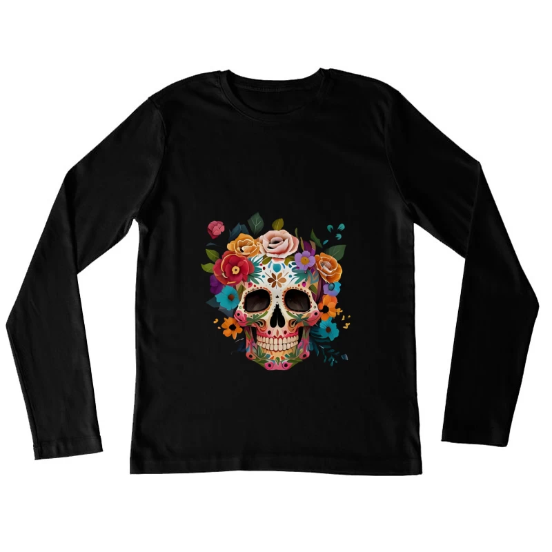 Sugar Skull mit Blumen Damen Langarm T-Shirt