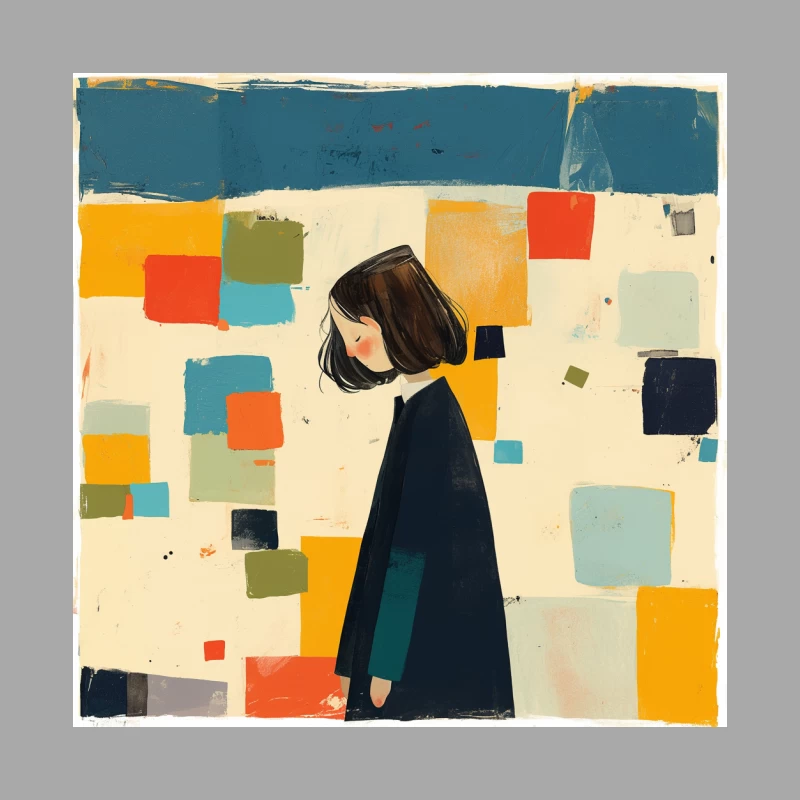 Minimalist Illustration of Figure in Black Coat Against Colorful Abstract Squares Female Pullover Hoodie