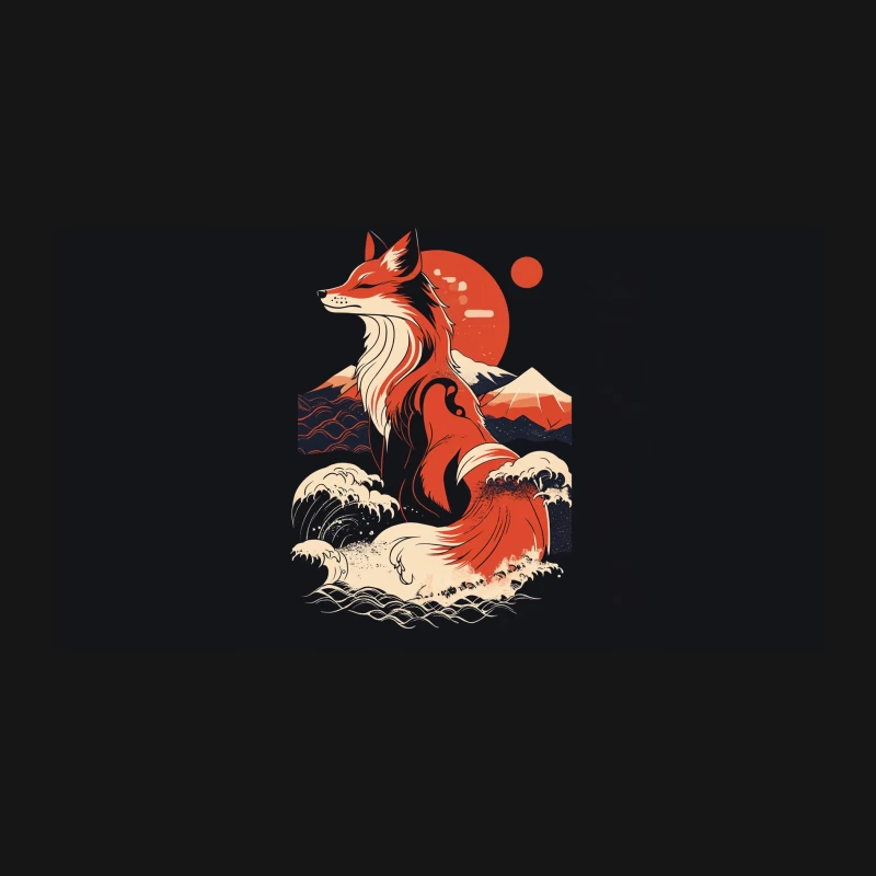 Stylized Fox in Japanese Landscape Desk Mat