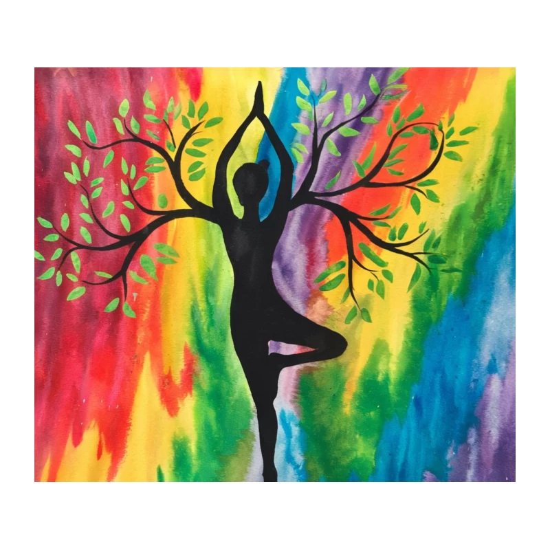 Vibrant Tree Pose: Yoga Silhouette Amidst Rainbow Nature Tapestry