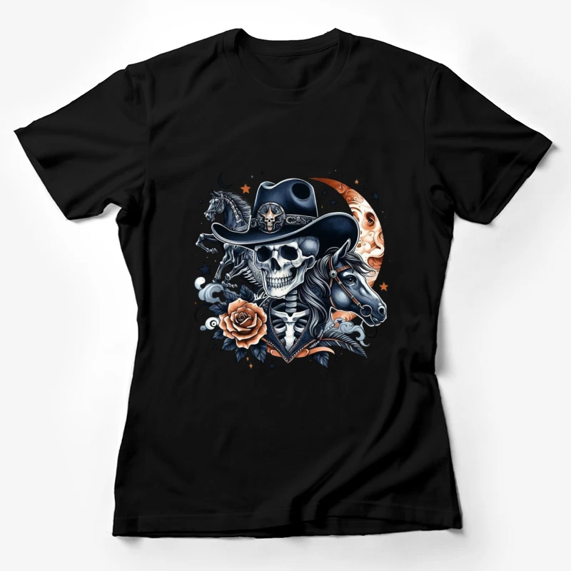 Skeleton Cowboy with Horses and Floral Elements Female T-Shirt