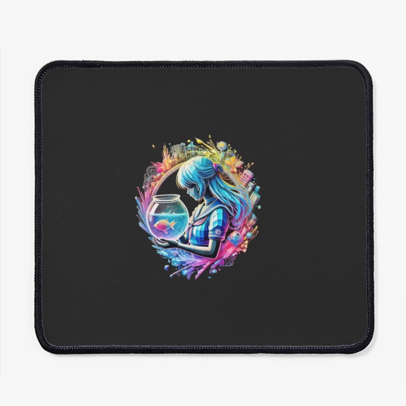 Dreamy Anime-Style Portrait with Goldfish and Urban Fantasy Background Mouse Pad