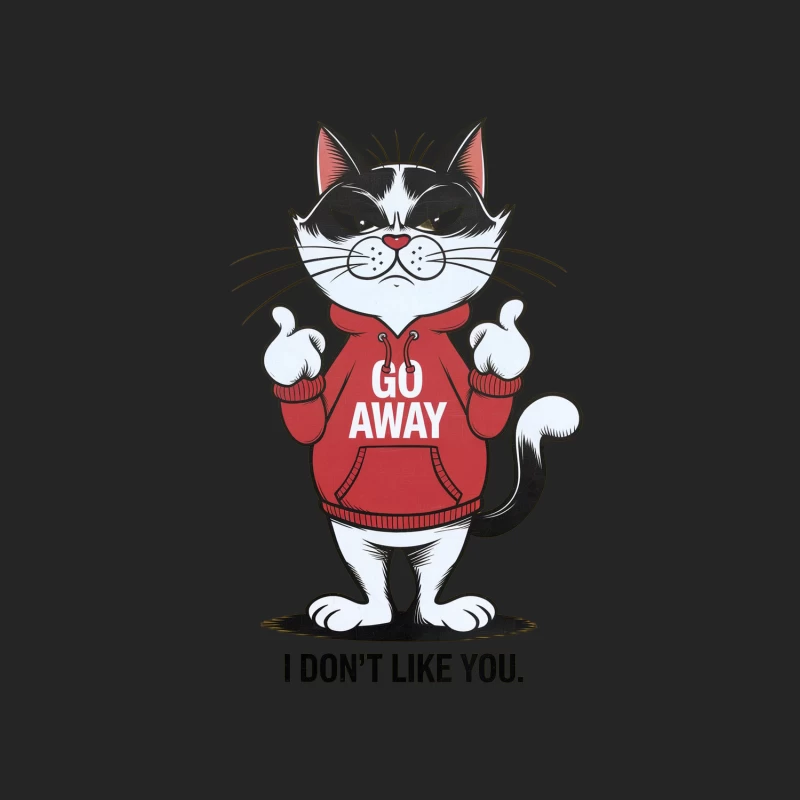 Grumpy Cartoon Cat in "Go Away" Hoodie Making Rude Gesture Male Pullover Sweatshirt