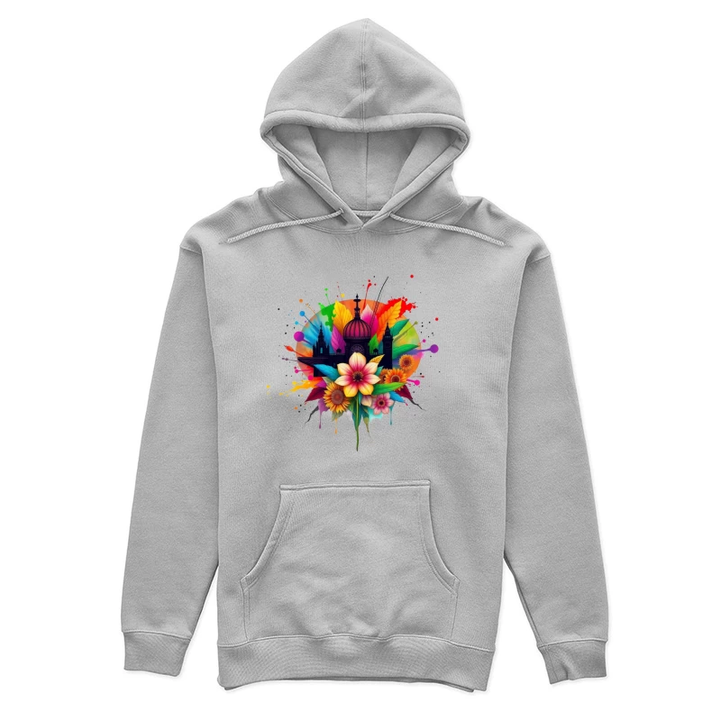 Vibrant Cathedral Silhouette with Rainbow Floral Splash Female Pullover Hoodie