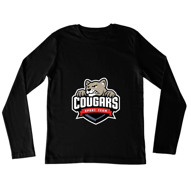 Fierce Cougar Sports Team Logo with Red Banner Female Long Sleeve T-Shirt