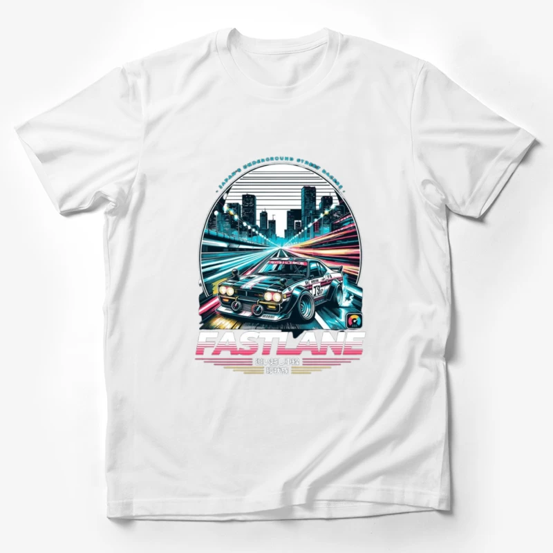 Retro Sports Car Racing Through Neon Cityscape - Synthwave Style Male T-Shirt