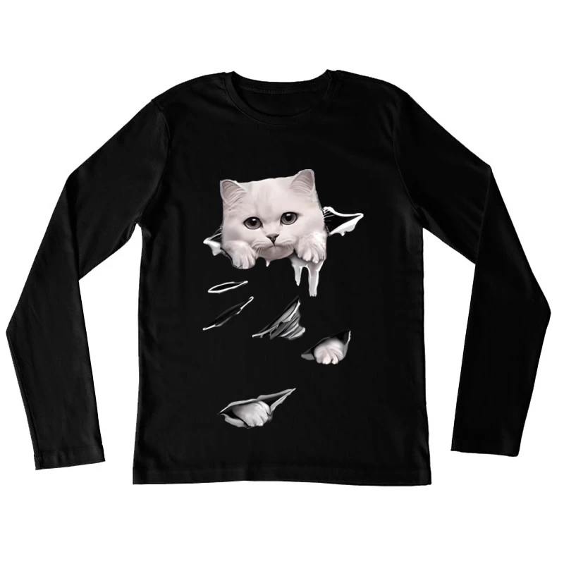 Niedlicher 3D-Katze durchbricht Papier Damen Langarm T-Shirt