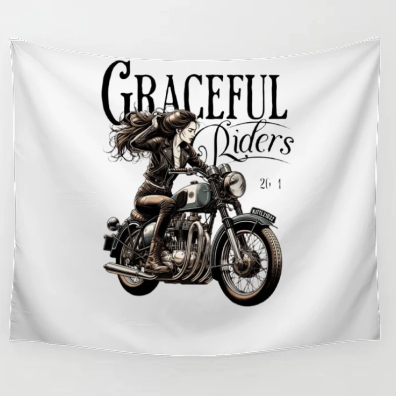 Graceful Riders: Vintage Motorcycle Art with Female Motorcyclist Tapestry