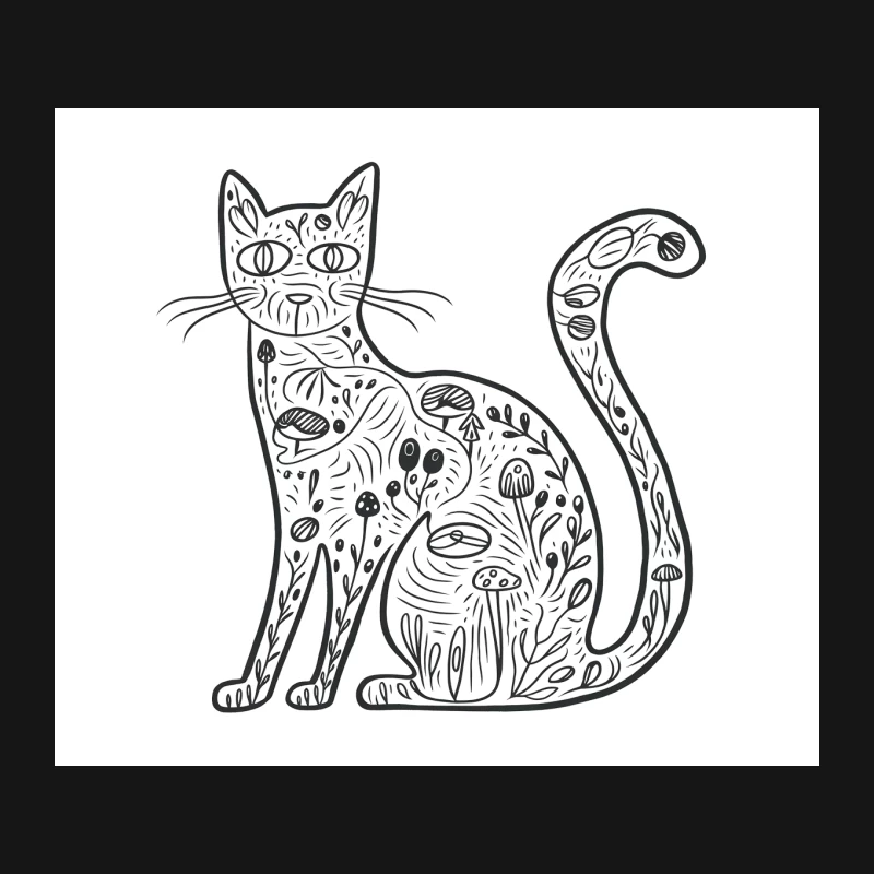 Whimsical Floral Cat: Nature-Inspired Line Drawing Mouse Pad