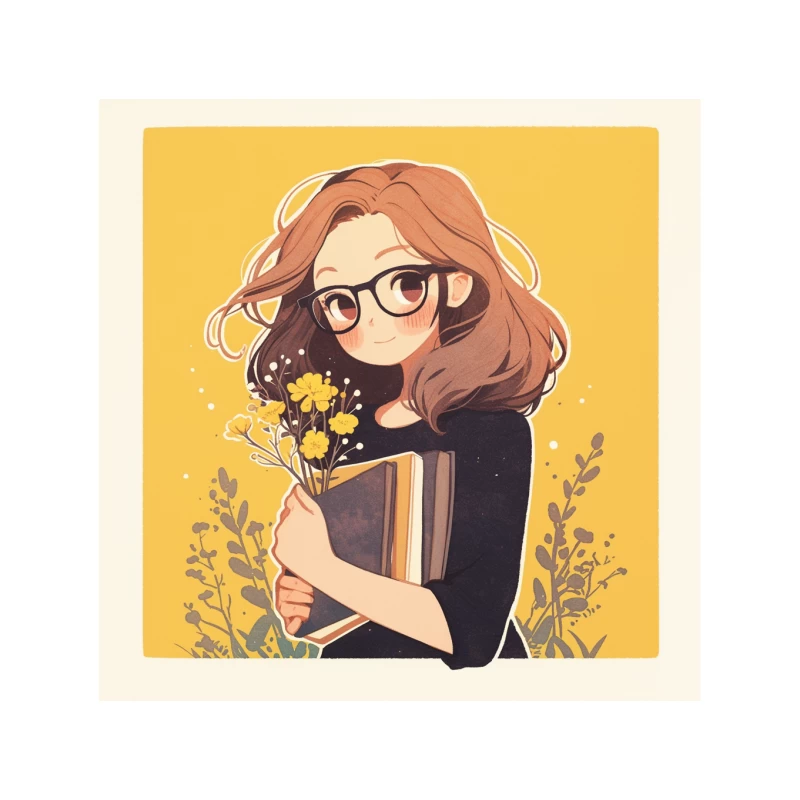 Bookish Girl with Yellow Flowers - Anime Style Illustration Mouse Pad