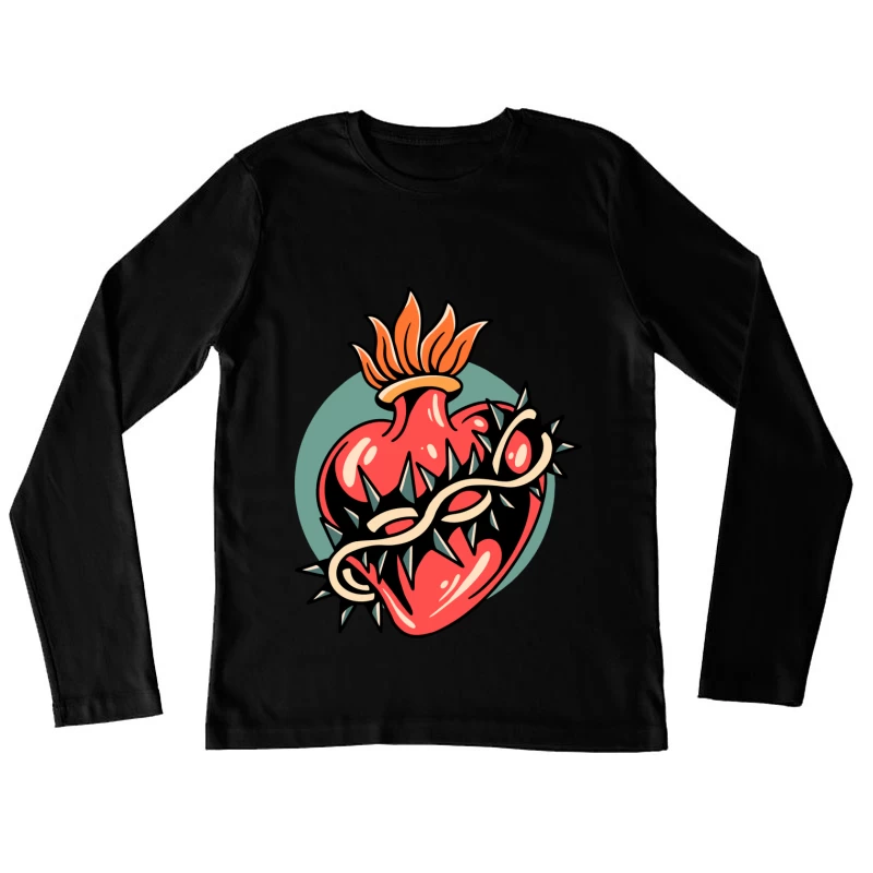 Illustration of a Heart with Thorns and Flame Female Long Sleeve T-Shirt