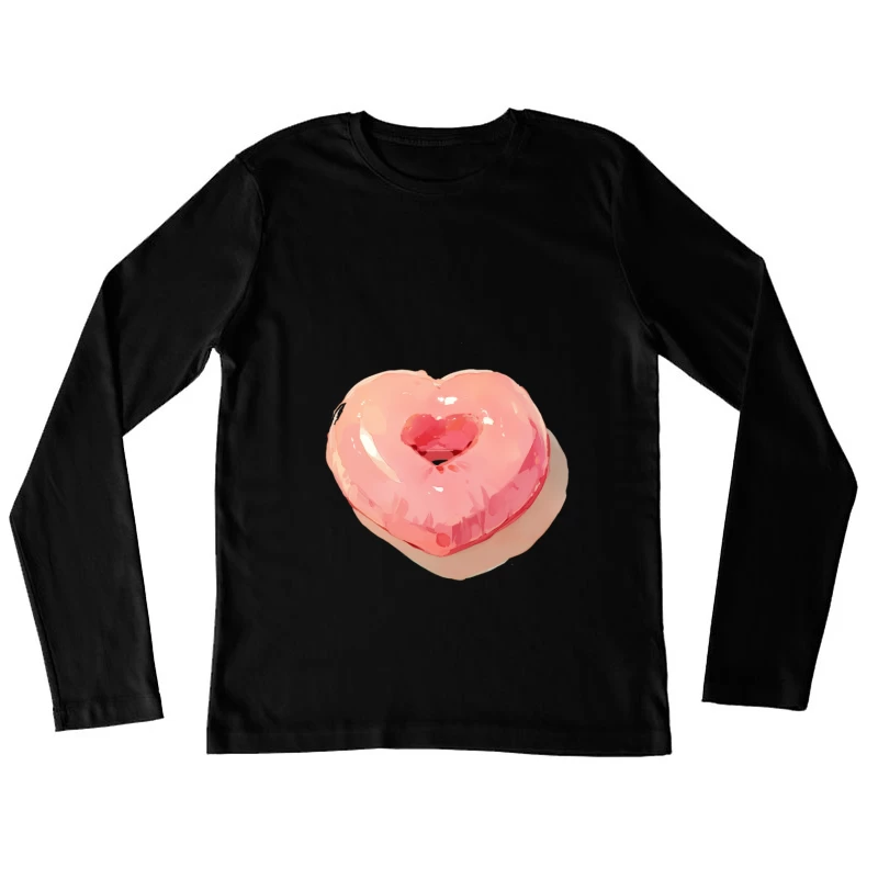 Pink Heart-Shaped Glazed Donut Digital Illustration Female Long Sleeve T-Shirt