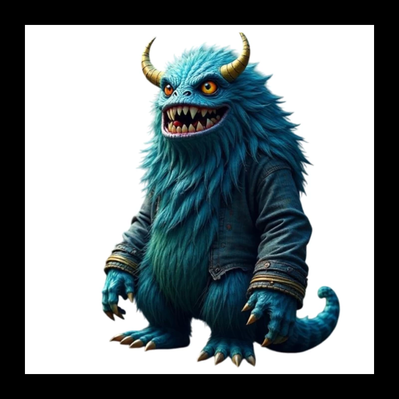 Furry Blue Monster in Denim Jacket with Golden Horns Pin