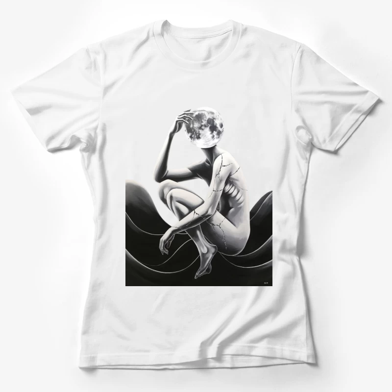 Ethereal Moonlit Figure: A Surrealist Black and White Portrait Female T-Shirt