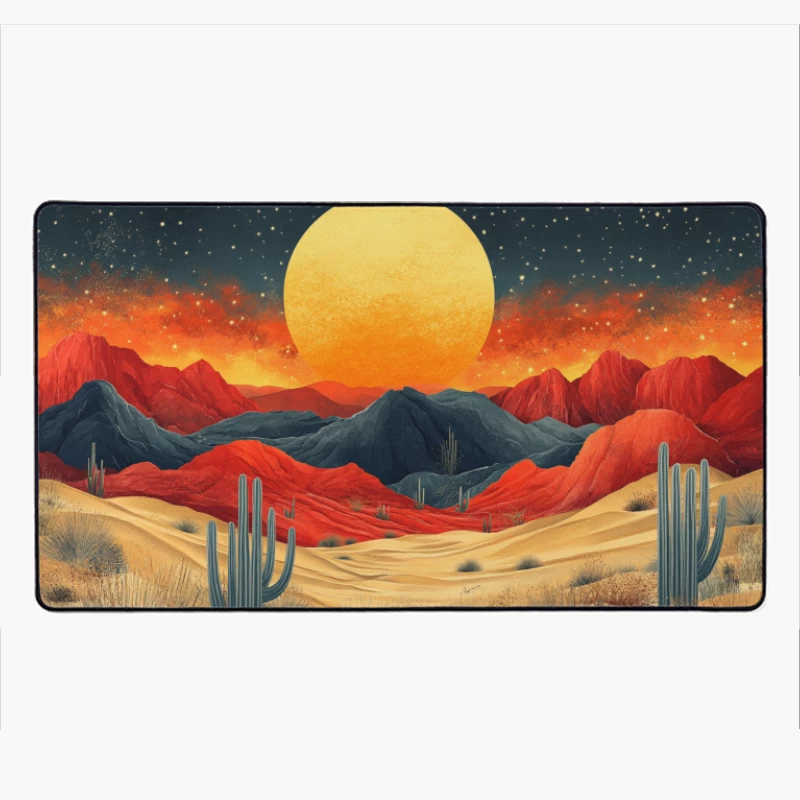 Surreal Desert Sunset with Vibrant Mountains and Starry Sky Desk Mat