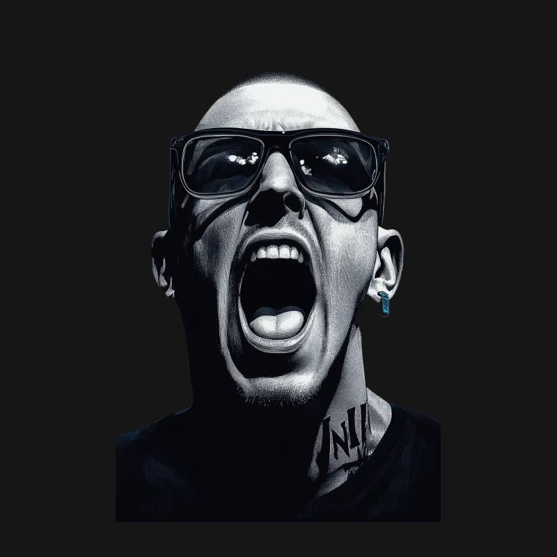 Intense Black and White Portrait of Shouting Man with Sunglasses Male T-Shirt