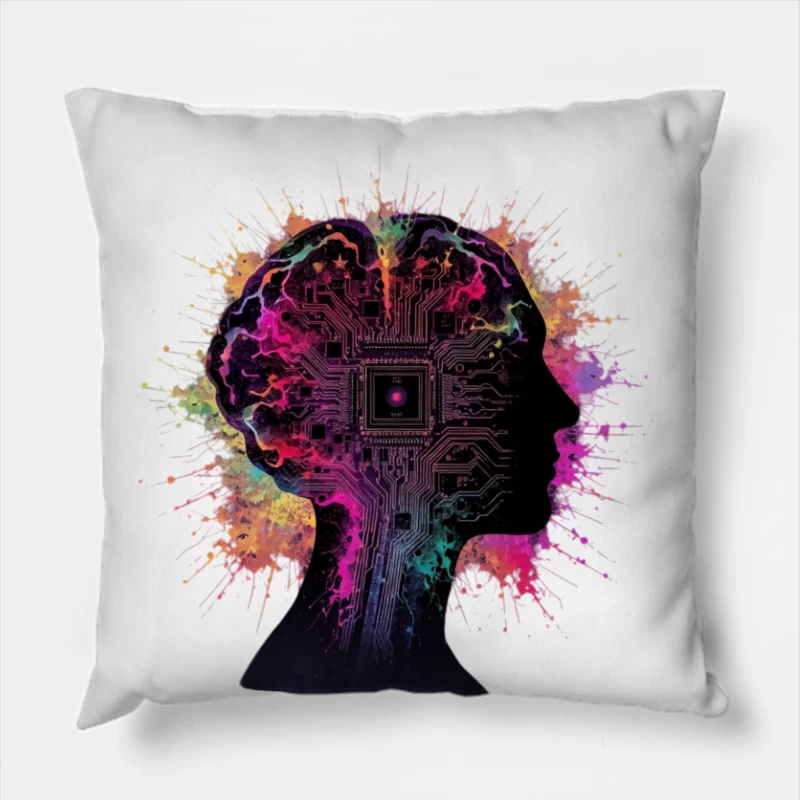 Digital Mind: AI Circuit Profile with Colorful Neural Splashes Throw Pillow