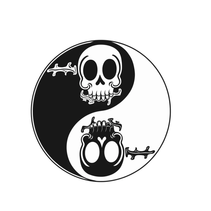 Skull-Themed Yin Yang Symbol: Cartoon Contrast in Black and White Tapestry