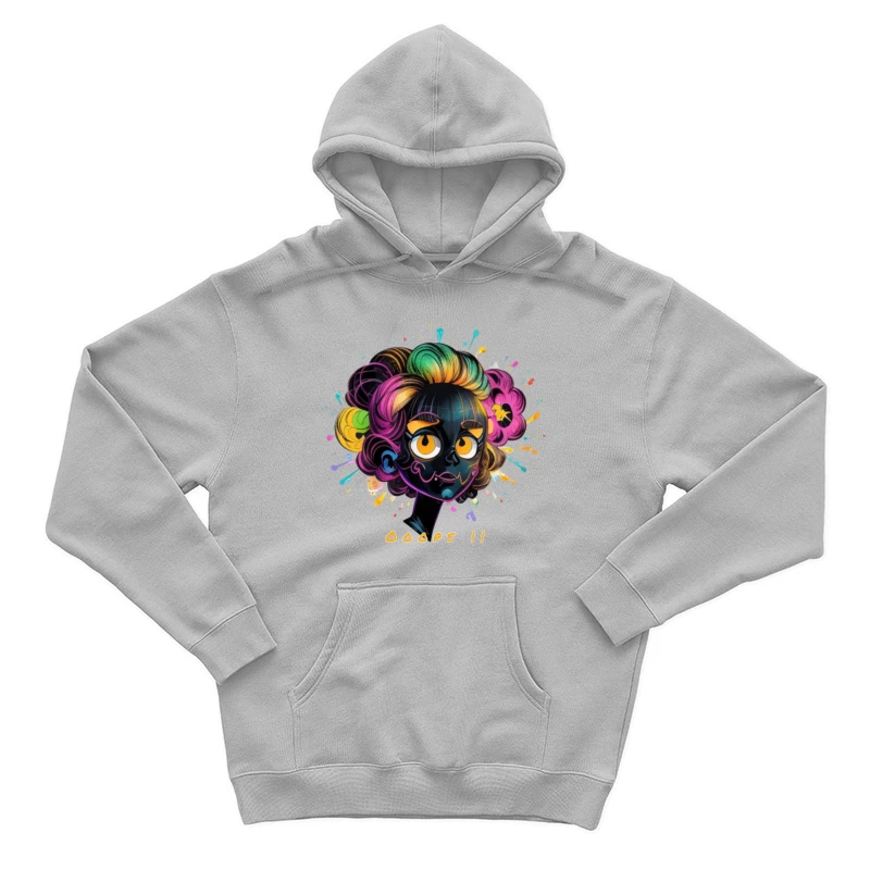 Whimsical Cartoon Character with Rainbow Hair and Paint Splashes Male Pullover Hoodie