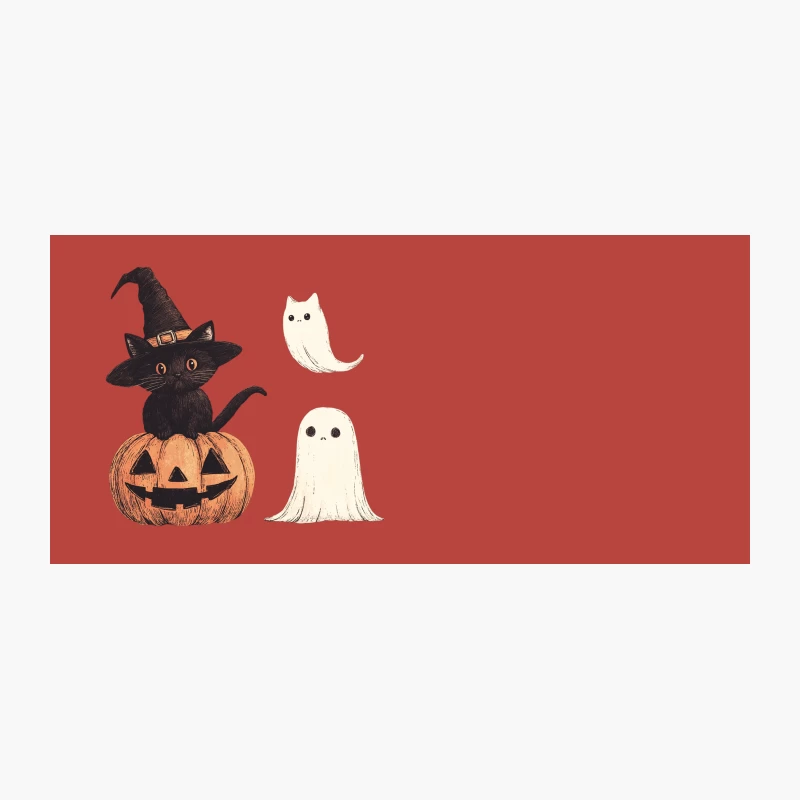 Cute Halloween Cartoon with Black Cat, Pumpkin, and Ghosts Coffee Mug