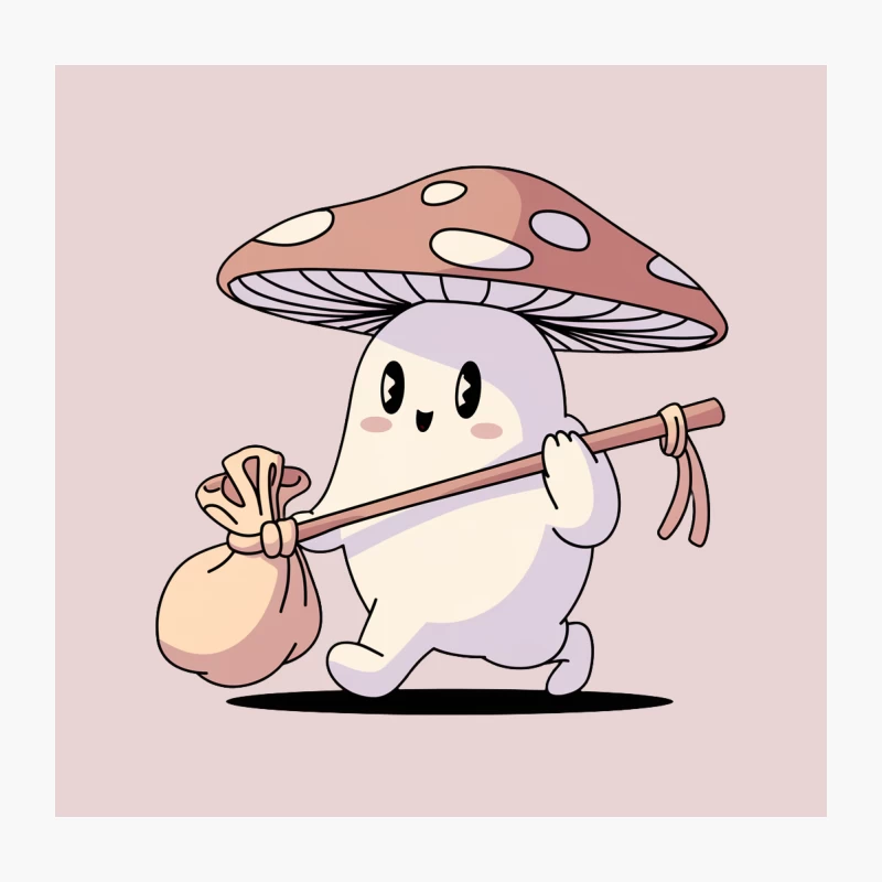 Cute Mushroom Creature Carrying Sack on Adventure Throw Pillow