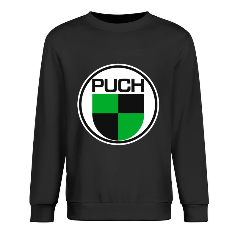 Vintage Puch Motorcycle Company Logo with Green and Black Shield Design Male Pullover Sweatshirt