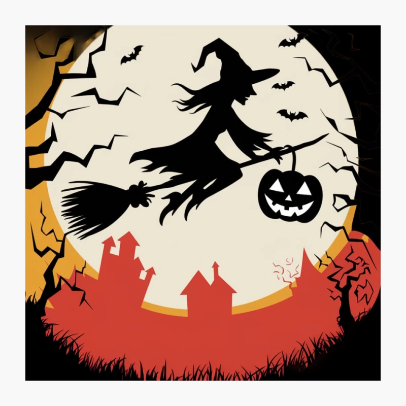 Spooky Halloween Night with Witch and Haunted House Silhouette Pin