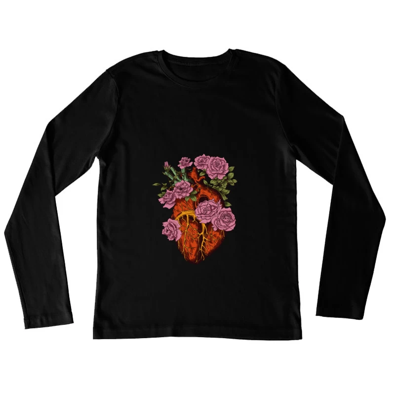 Herz mit Rosenillustration Damen Langarm T-Shirt