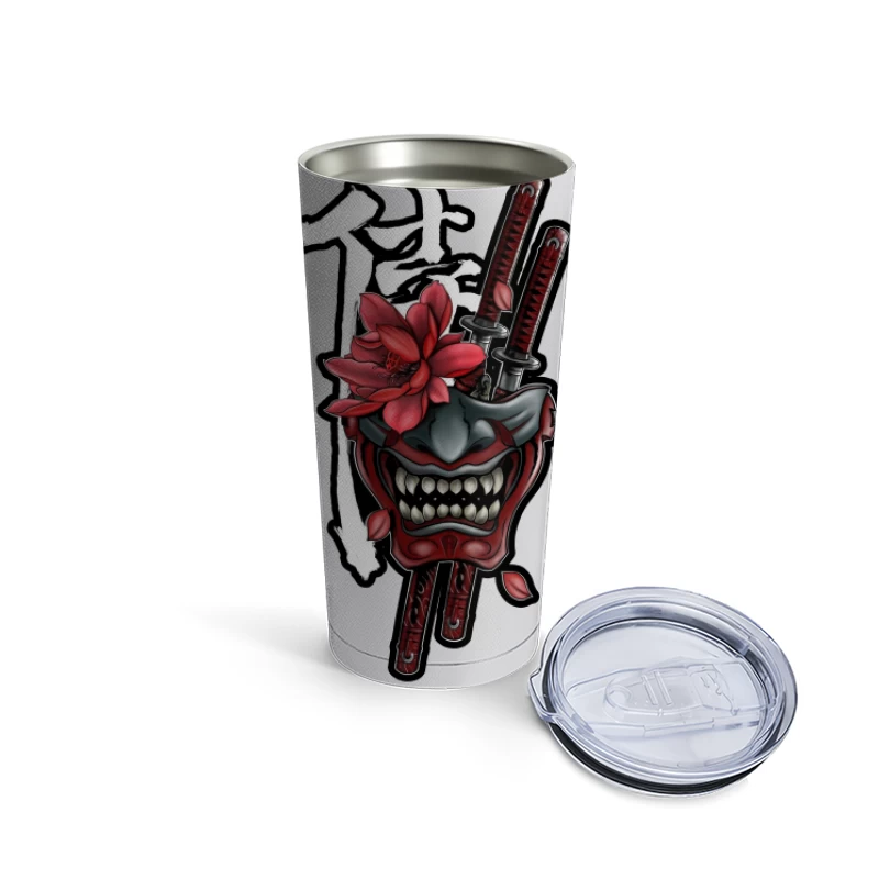 Samurai Mask Art with Katana and Flower Travel Mug