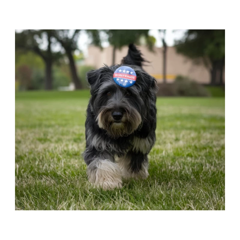 Schnauzer Dog with Political Button in Grassy Outdoors Tapestry