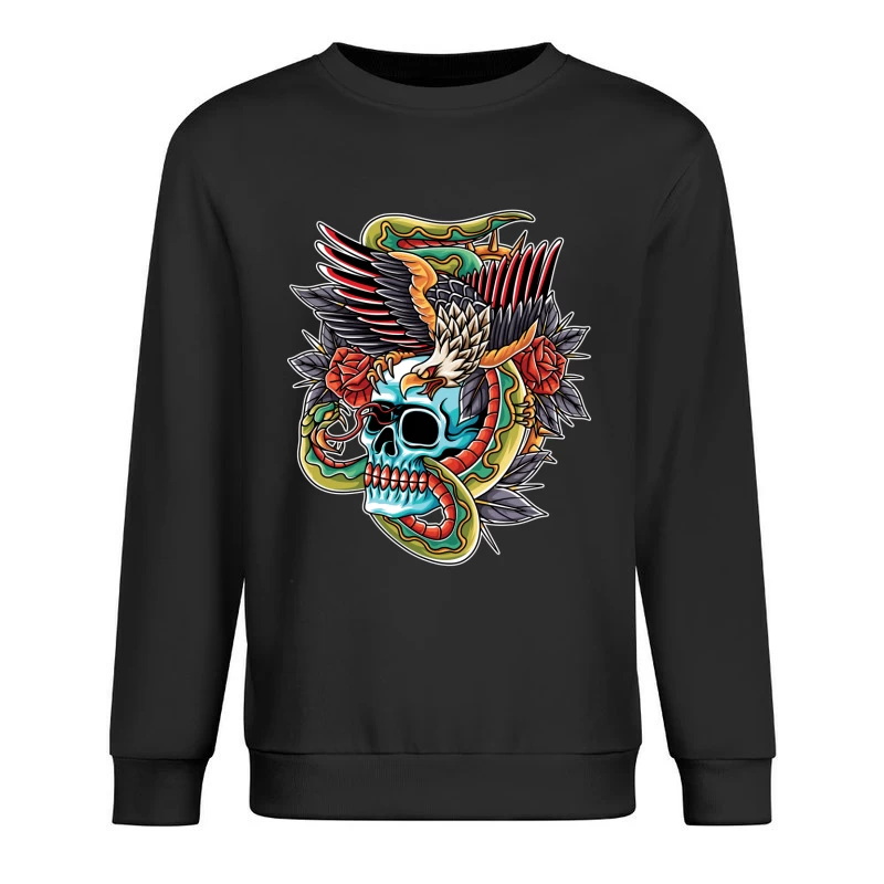 Colorful Tattoo Design Featuring a Skull, Eagle, and Snake Male Pullover Sweatshirt