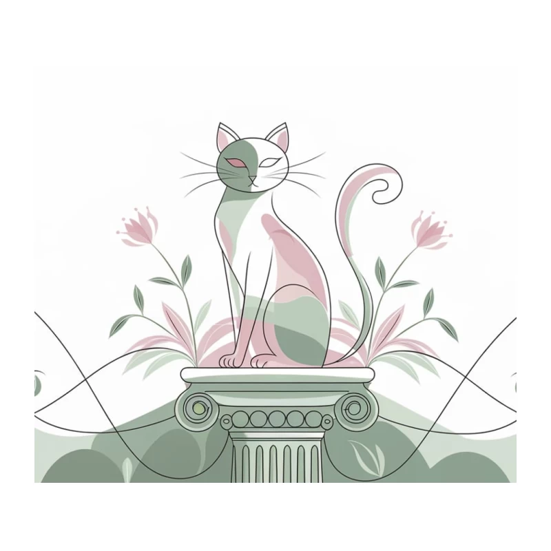 Elegant Cat Illustration on Classical Column with Floral Accents Tapestry