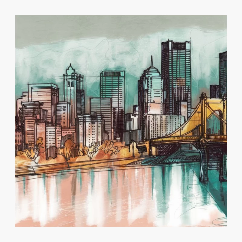 Urban Waterfront Cityscape: Modern Skyline with Bridge Painting Pin