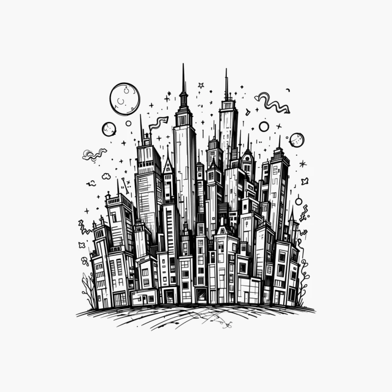 Urban Black and White Cityscape Illustration Cotton Tote Bag
