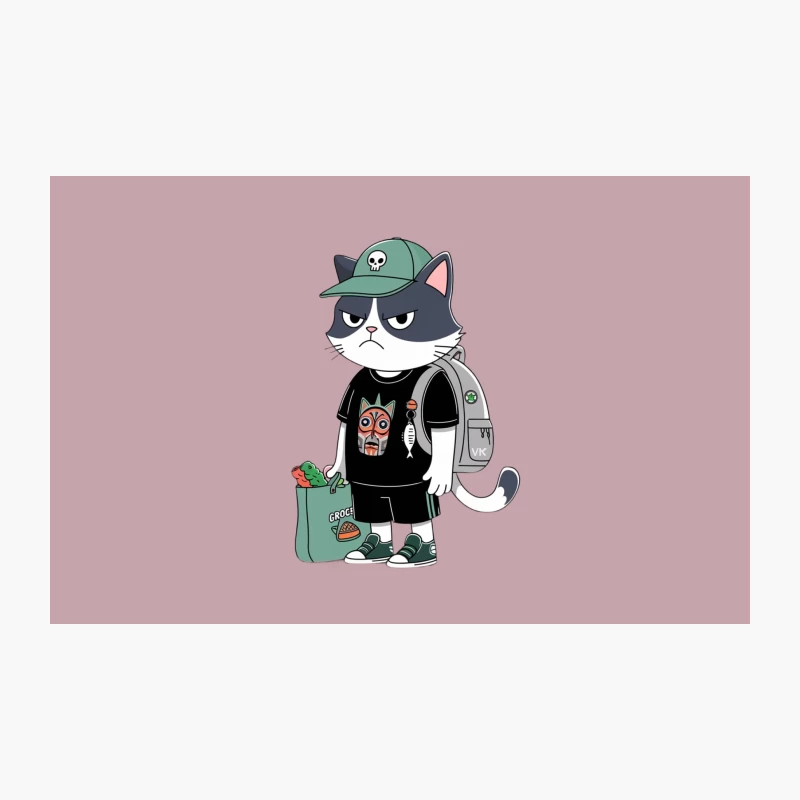 Grumpy Street Style Cat with Skull Cap and Groceries Travel Mug
