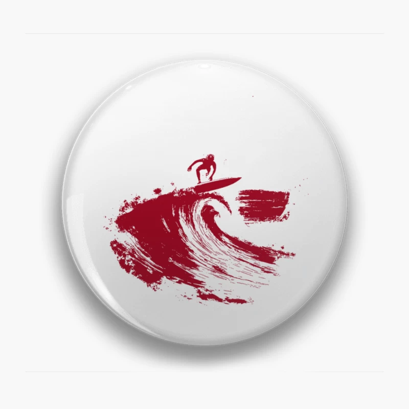 Red Minimalist Surfer Riding Ocean Wave Pin