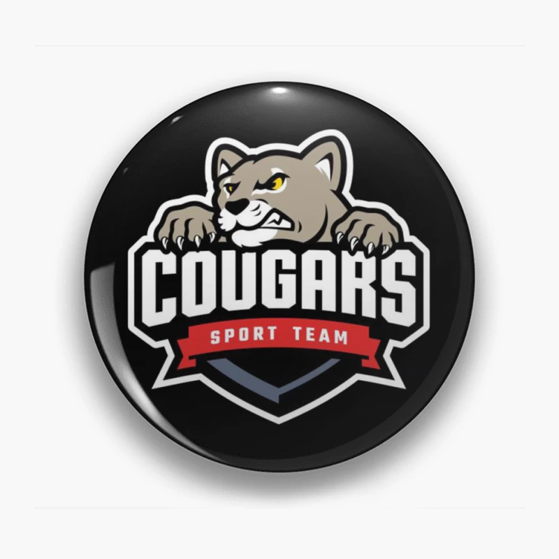 Fierce Cougar Sports Team Logo with Red Banner Pin